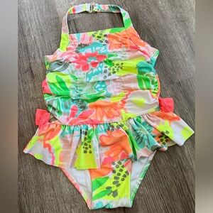 Cat & Jack Girls Neon Floral Ruffle One-Piece Swimsuit Bow 4T EUC